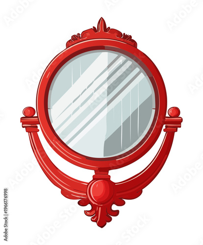Classic red vanity mirror with round frame for elegant home interior and bedroom furniture collection design illustration