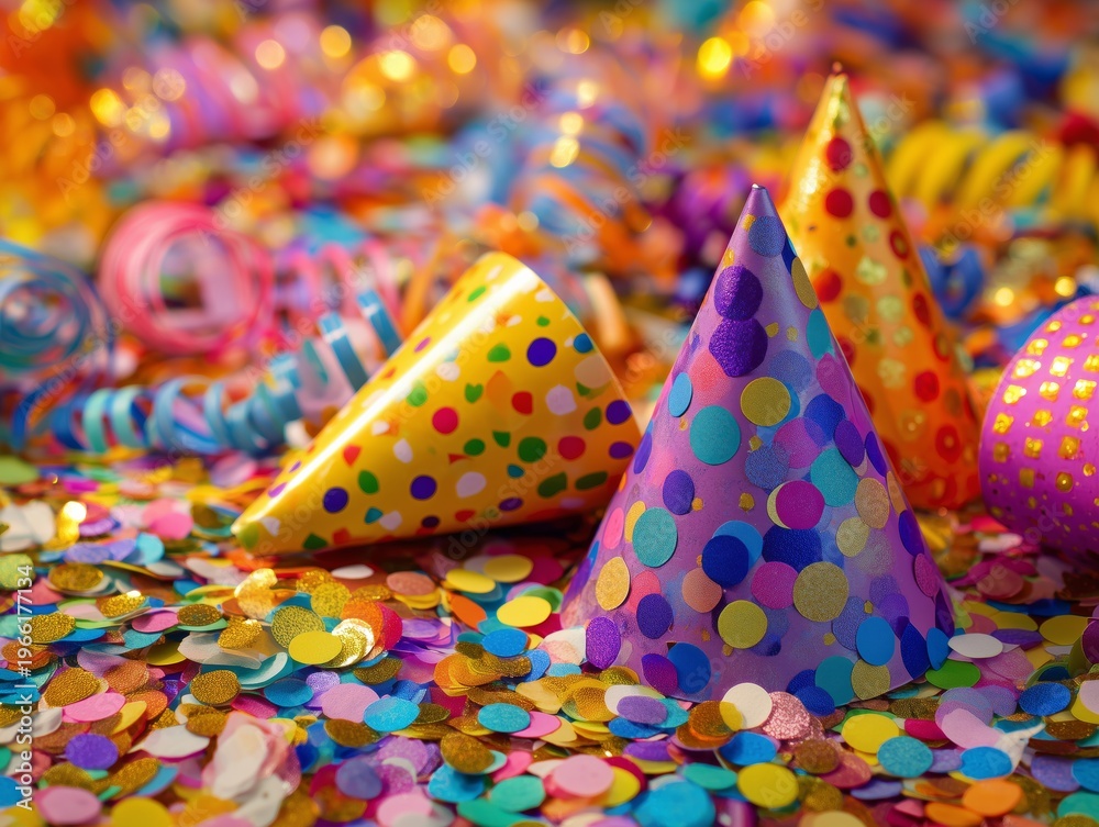 Naklejka premium Colorful Party Hats and Confetti Scattered on the Table During a Celebration Event