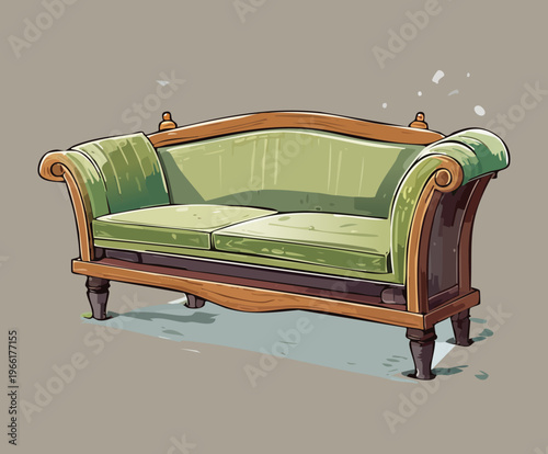 Comfortable green armchair with wooden legs for cozy home interior and classic living room furniture set design asset