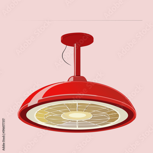 Red ceiling pendant light with wide shade for modern kitchen or dining room interior design and home lighting
