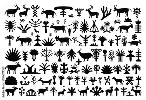 Ancient rock art panel animals plants and abstract symbols