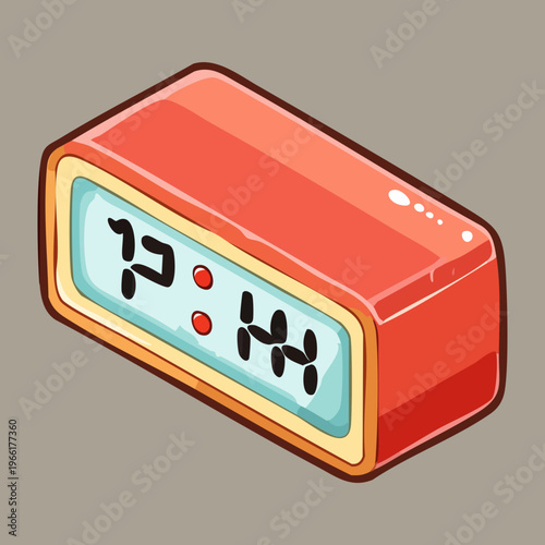 Red digital alarm clock showing time for bedroom bedside table and morning wake up routine and home electronics
