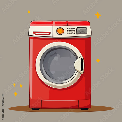Front loading washing machine in red for laundry room organization and modern home appliance and domestic cleaning maintenance