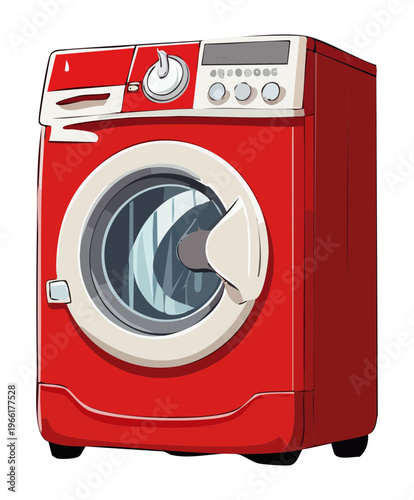Red front loading washing machine for modern laundry room and domestic cleaning appliance and home maintenance technology design