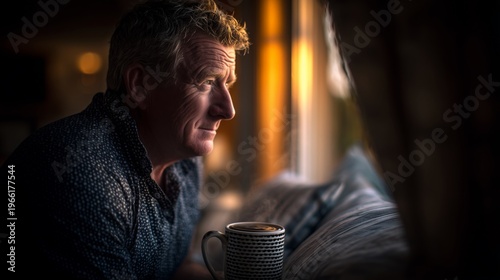Man Sits by the Window Holding a Cup While Looking Outside During Golden Hour