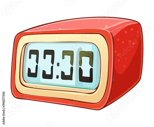 Red digital alarm clock for bedside table and morning wake up routine and modern home electronics time management