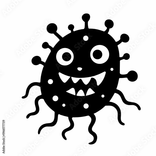 Rounded black virus mascot with spike nodes, wide eyes and a toothy smile, decorated with small dots. Vector character blends cute humor with disease, hygiene and health awareness.
