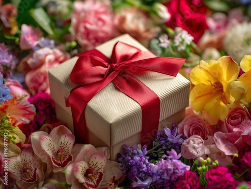 Gift Box Surrounded by Colorful Flowers During a Celebration