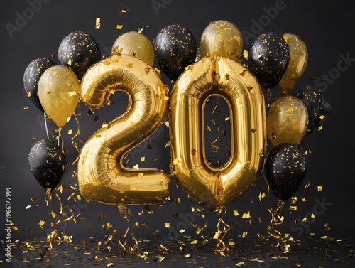 Celebration of a 20th Birthday With Black and Gold Balloons and Confetti in a...
