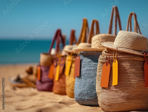 Baskets With Colorful Tags on the Sandy Beach During Bright Sunny Day