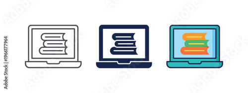 Laptop displaying stack of books icons for digital learning and education