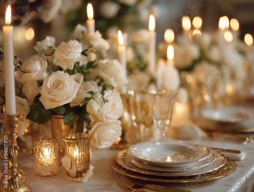 Elegant Dinner Setup With Roses and Candles at a Special Event in the Evening