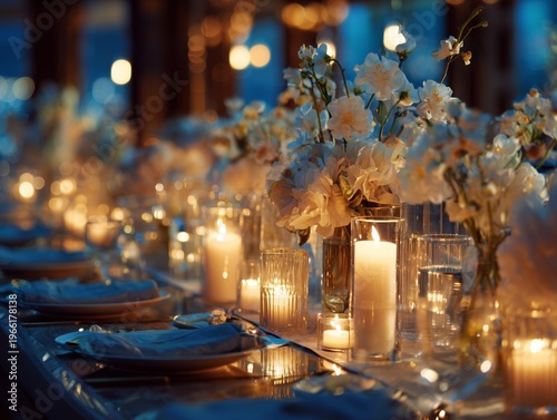 Elegant Dinner Setting With Flowers and Candles at a Night Event in a Bright Venue