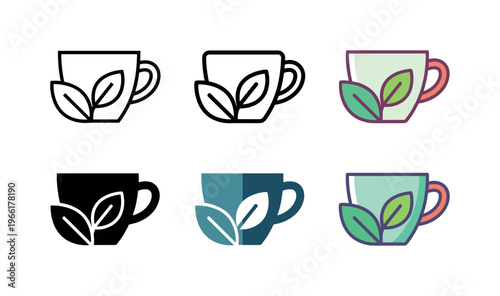 Collection of tea cup icons with green leaves in various styles