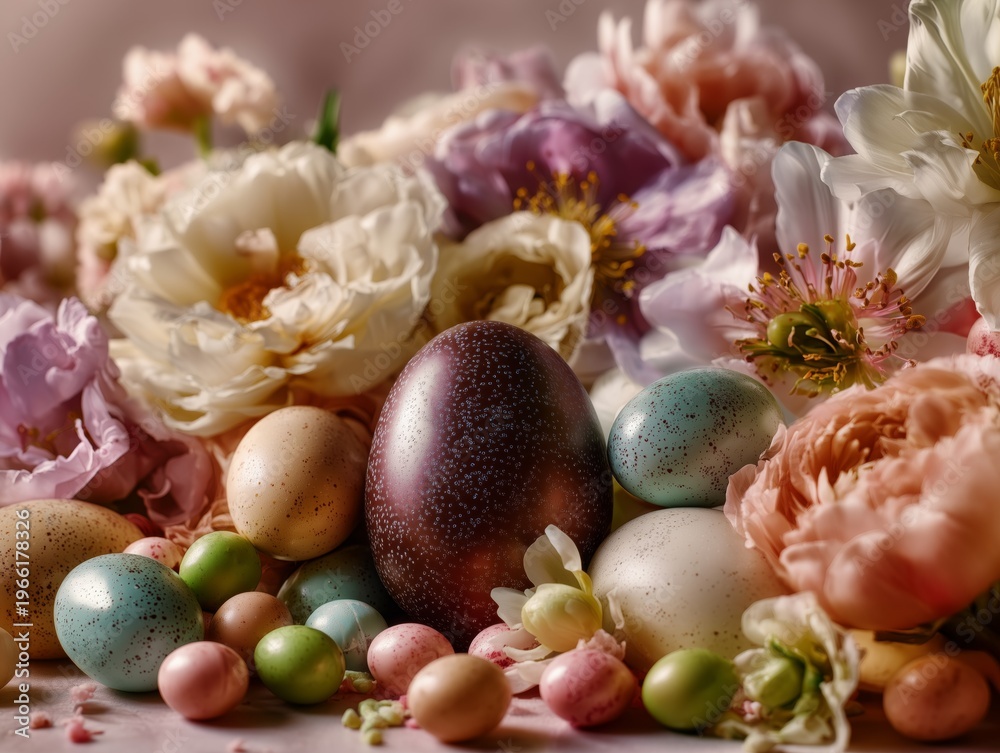Naklejka premium Colorful Easter Eggs Surrounded by Flowers on a Soft Surface During Spring Celebration
