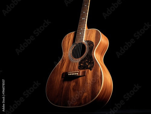 Wooden Acoustic Guitar on Display With Soft Light Showing Its Details