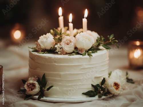 Beautiful Wedding Cake With Flowers and Candles at a Celebration Event in the...