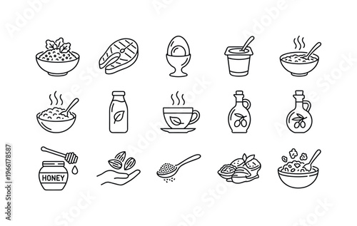 Healthy breakfast and meal icons featuring grains, fish, eggs, and oils