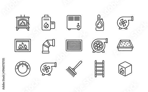 Collection of line art icons representing heating and ventilation equipment
