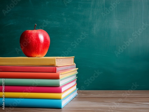 Books Stacked on a Table With an Apple Placed on Top in a Classroom With a Bl...