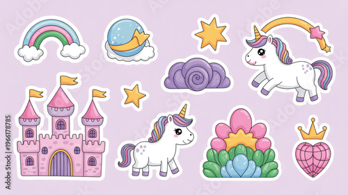 Cute fantasy castle with rainbow and unicorn sticker set for kids design