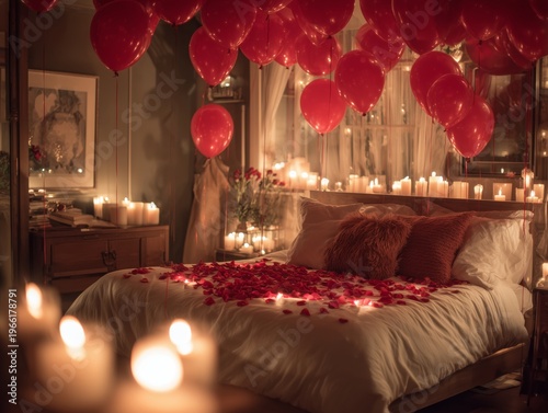 Couple Prepares for Romantic Evening With Red Balloons and Candles in Cozy Room