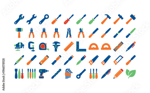Collection of colorful flat icons representing various metalworking and construction tools