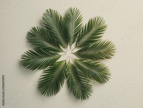 Arrangement of Green Palm Leaves on a Light Background Showing a Floral Pattern