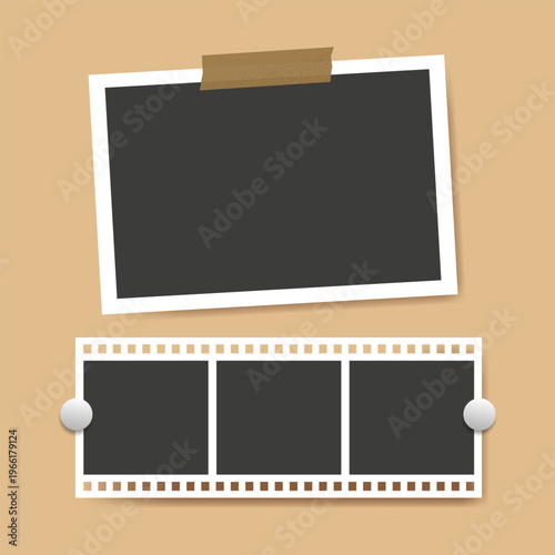 Blank photo frames collage template on a beige wall. Retro instant photo booth strip mockup glued on board. 