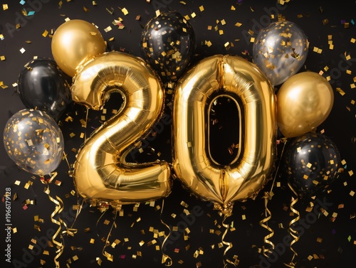 Balloons With the Number 20 Are Surrounded by Black and Gold Balloons and Con...