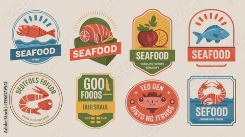 Vintage Seafood and Healthy Food Labels Collection on Cream Background