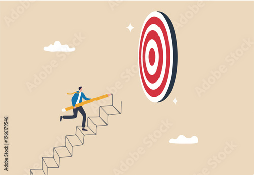 Build stair to reach target, career success or progress to achievement, business goal or future succeed, effort to grow career path concept, businessman use pencil to draw stair step to reach