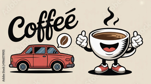 Vintage Red Pickup Truck with Coffee Cup Mascot Illustration on Warm Background
