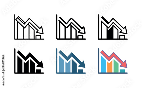 Multiple downward trending bar chart icons illustrating market contraction and decline