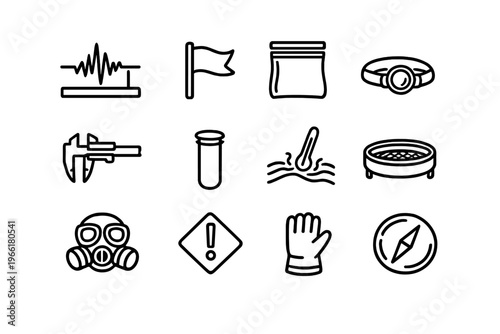 A collection of twelve black line icons representing geological field