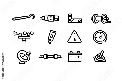 A collection of twelve minimalist black line icons representing