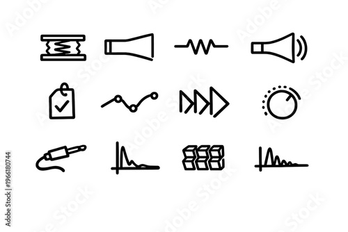 A collection of twelve hand-drawn black line icons related to audio