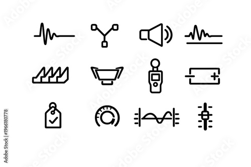 A set of 12 minimalist black line icons representing audio