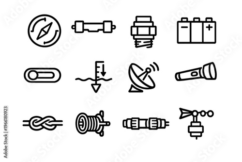 This set of twelve black and white line icons features maritime and