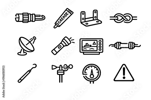 A collection of twelve minimalist black and white line icons