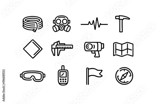 A collection of twelve minimalist black and white line icons