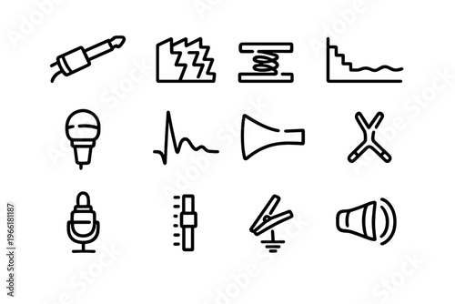 A set of 12 minimalist black line icons representing various audio