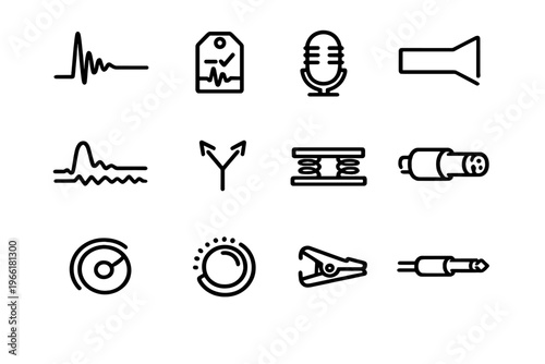 A collection of twelve minimalist black line icons representing audio