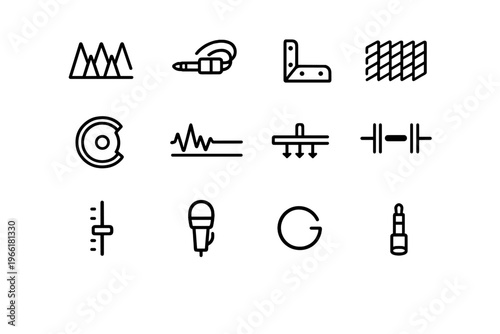 A set of twelve minimalist line icons representing audio equipment