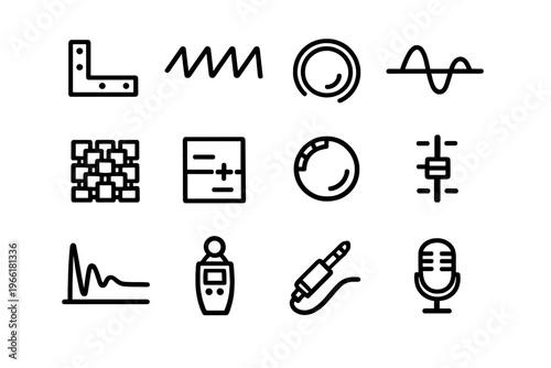 A collection of twelve minimalist line icons representing audio
