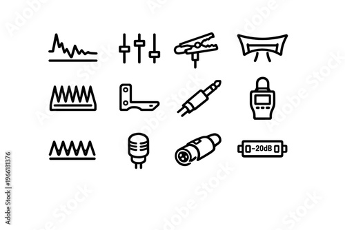 A collection of twelve black line icons representing audio equipment