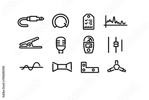 A collection of twelve minimalist line icons representing audio