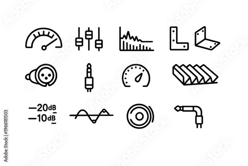 A collection of twelve minimalist line icons representing audio