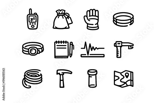 A collection of twelve minimalist line icons representing geology and