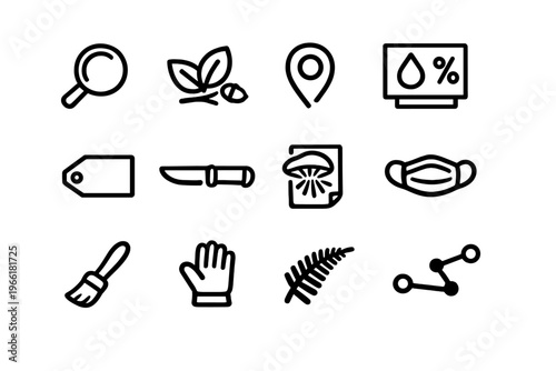 A collection of twelve hand-drawn black line icons for foraging and